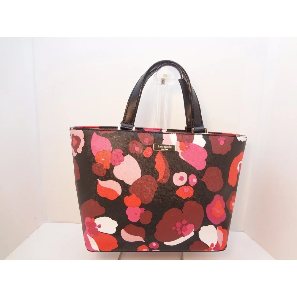 Kate Spade Floral Tote Bag Womens Medium Black Pink Excellent Saffiano Leather